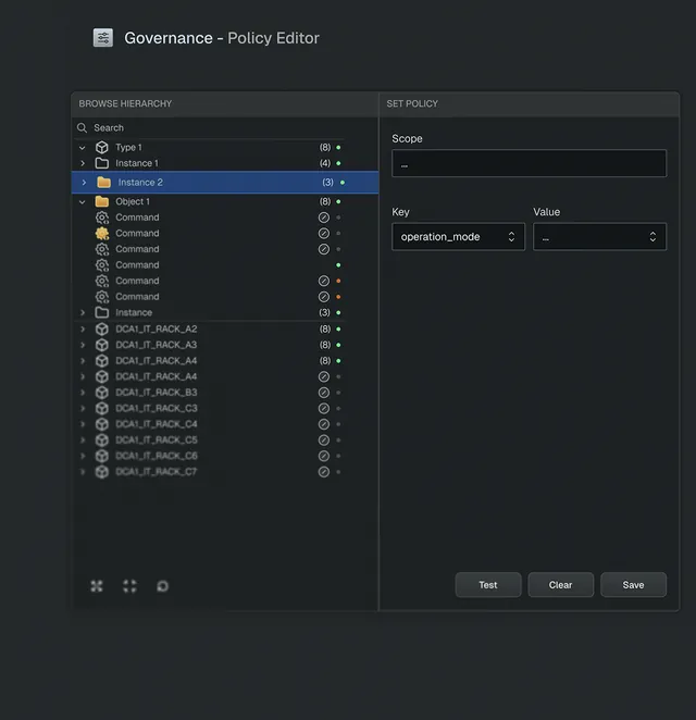 Governance policy editor — browse hierarchy and set scoped policies for delegated execution