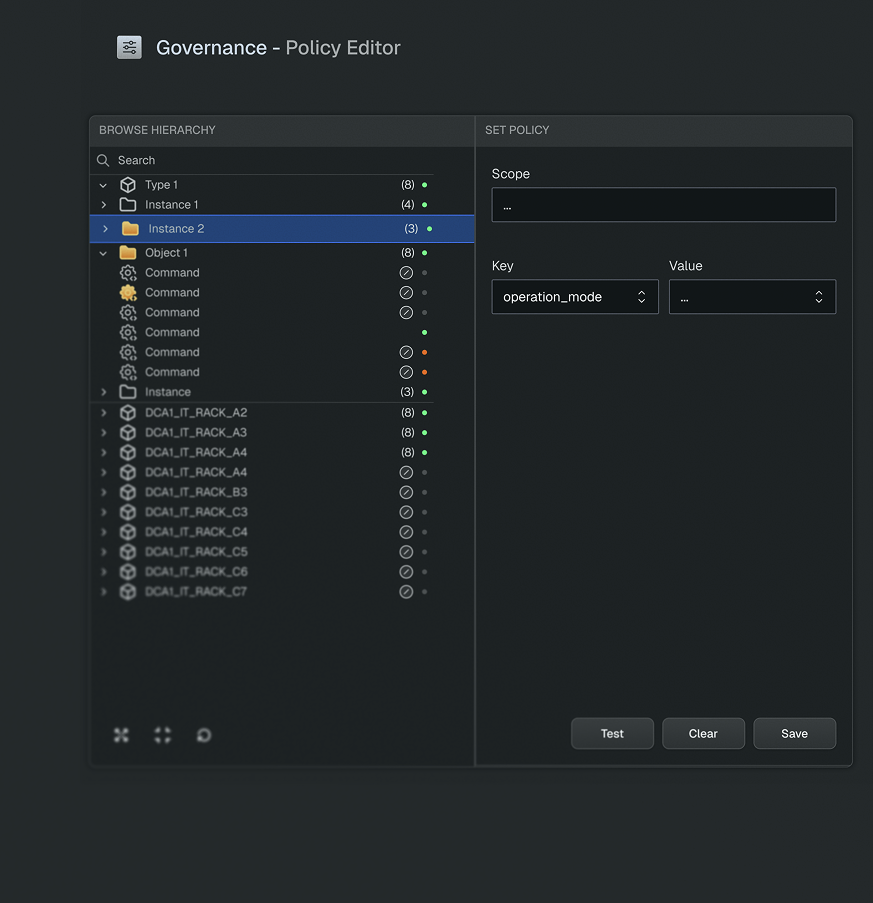 Governance policy editor — browse hierarchy and set scoped policies for delegated execution